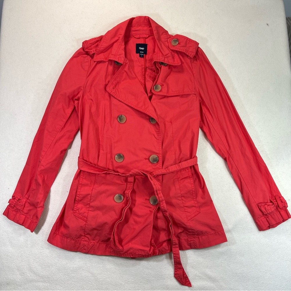 Gap trench coat belted jacket short spring bright coral pink hula red Size (S)